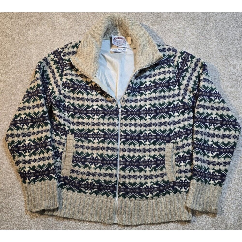 Cambridge VTG Fair Isle Sweater Ragg Wool Full Zip Lined Jacket USA Made Women L